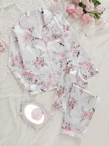 两件套女童优雅白色碎花印花翻领开衫和休闲裤舒适家居服