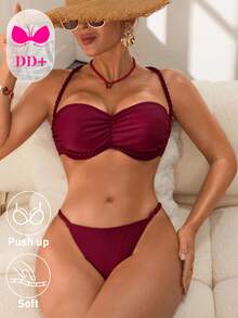 Swim DD+ 纯色珍珠光泽沙滩泳池派对扭绳软杯优雅度假比基尼套装 - 酒紅色 - 查看 5