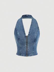 SHEIN MOD Women's Y2K Zip Front Halter Neck Denim Top