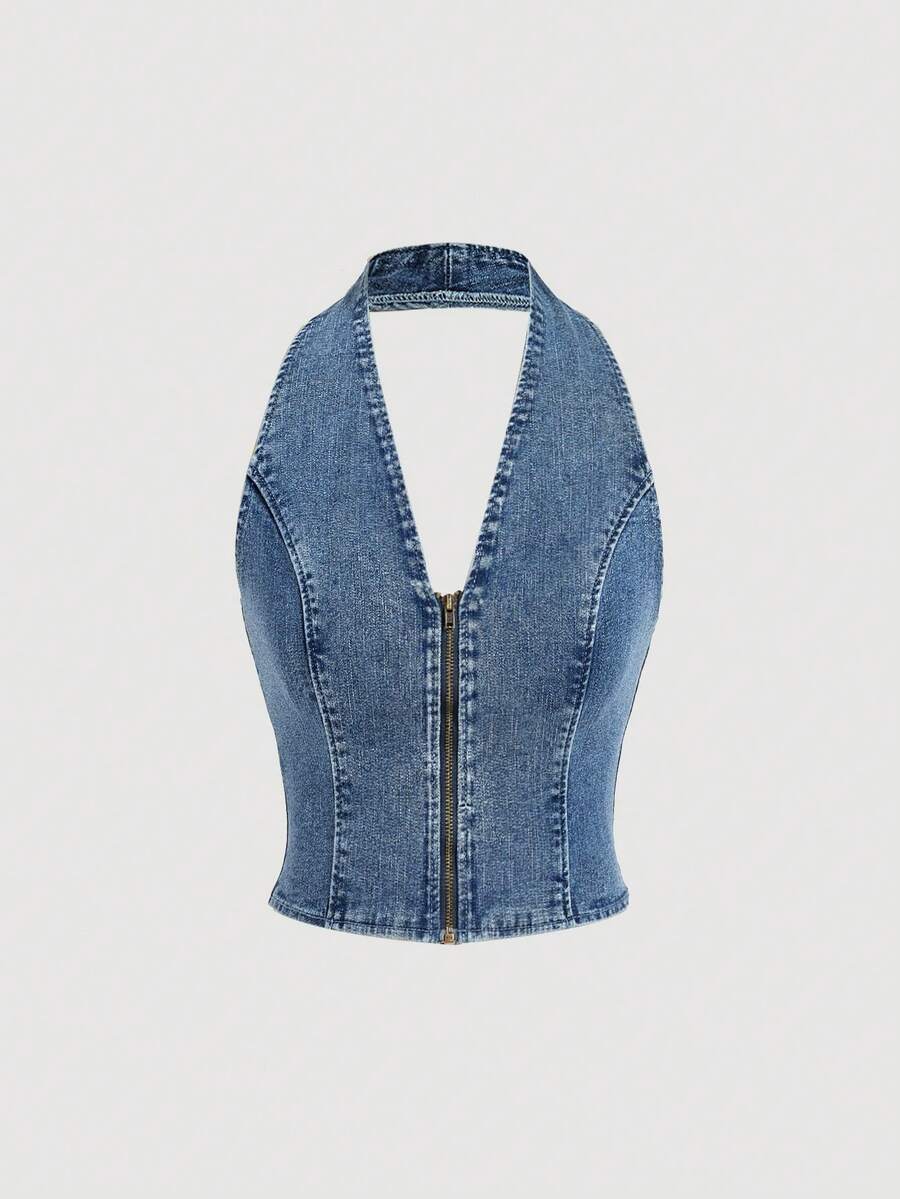 SHEIN MOD Women's Y2K Zip Front Halter Neck Denim Top
