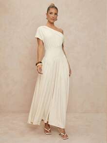 Lumalex 女士优雅休闲杏色不对称领口荷叶边短袖修身喇叭连衣裙，春夏款 - 杏色 - 查看 6