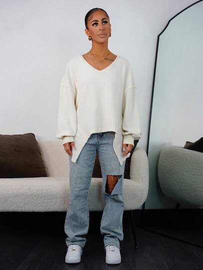 SAYEHFBABY 女士休闲纯色V领长袖宽松水洗运动衫秋冬女装