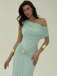 Aloruh 女士新款薄荷绿连衣裙，无袖，金属扣装饰，优雅垂坠设计 - 薄荷綠 - 查看 2