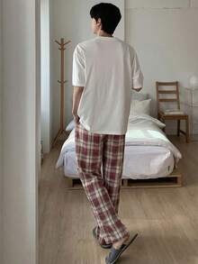 DAZY Pantalones de estar por casa de cuadros rojos con cintura elástica para hombre, primavera/verano - Rojo - Ver 2