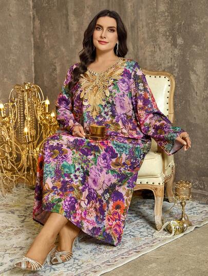 EMERY ROSE Vestido de verano elegante con estampados tejidos de gran tamaño, vestido maxi para mujer, vestidos con motivos, vestido de lujo para mujer, vestido floral morado para mujer, vestido floral para mujer, vestido kaftan para mujer con cuello bordado
