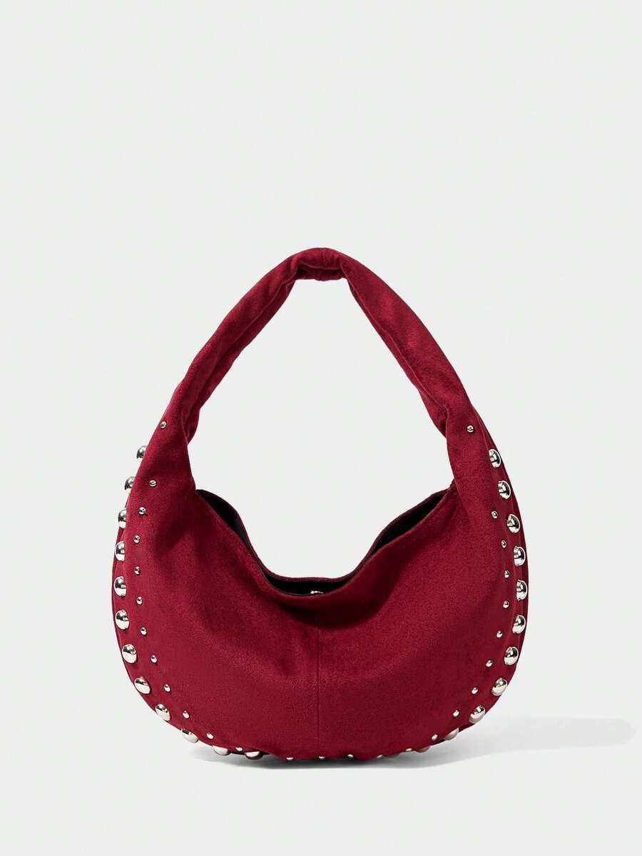 SHECARRY 女士纯色铆钉时尚单肩包 - 酒紅色 - 查看 1