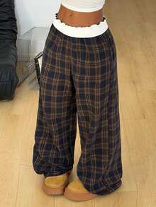 Coolane Women's Spring/Summer Streetwear Going Out Striped Pattern Wide Leg Casual Turn-Down Trousers Pants Plaid Pants Wide Leg Pants Loose Pants