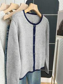 Franclia Cárdigan de punto holgado de cuello redondo de manga larga con ribete de contraste, estilo retro francés para mujer, otoño/invierno - Gris Claro - Ver 4
