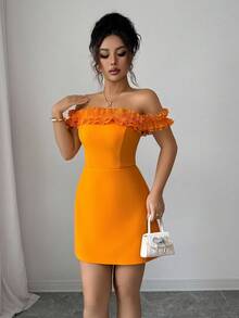 Elenzga Ruffle Collar Off-Shoulder Waist Cinched Romantic Women Dress - Orange - View 3