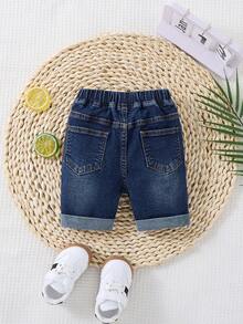 SHEIN 男童深蓝色弹力牛仔紧身短裤 - 深色水洗藍 - 查看 2