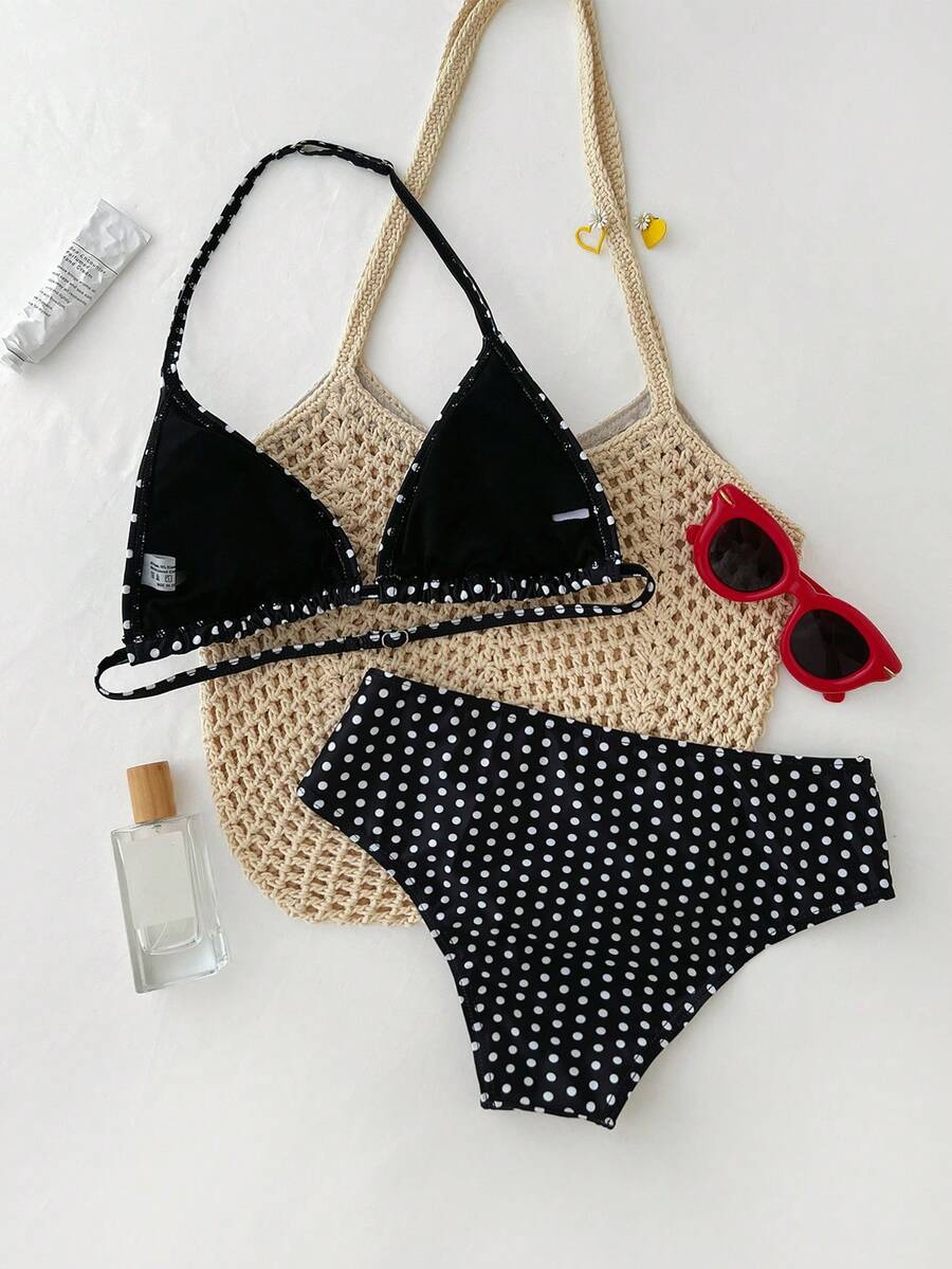Teen Girls Black Polka Dot Spaghetti Strap Camisole & Leopard Print Bikini Top And Bottom Swimsuit Set, Summer Holiday, Beach Vacation - Black - View 1