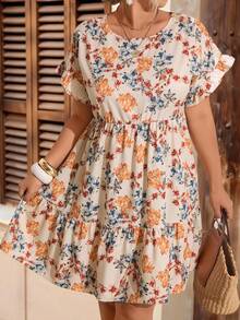 Breezaya Plus Size Round Neck Ruched Short Sleeve Printed Loose Dress - Multicolor - View 4