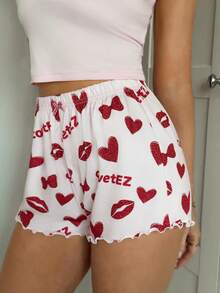 SHEIN EZwear Ensemble casual femme avec débardeur et short imprimés léopard, cœur et nœud papillon - Rouge - Voir 5