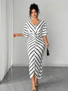 SHEIN Elenzya Fitted Plus Size Elegant Striped Long Dress For Women With V Neck Half Sleeve And Asymmetrical Wrap Detail - White - View 6