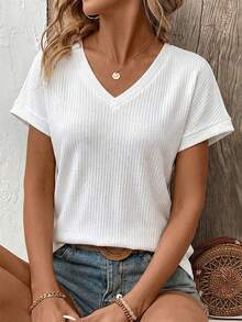 EMERY ROSE Women's Solid Color V-Neck Short Sleeve Casual Basic Ribbed T-Shirt Travel White Summer - White - View 6