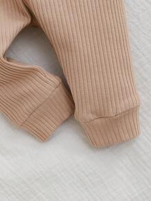 SHEIN Newborn Baby Girl Casual Cute Striped Cartoon Pattern Long Sleeve Romper Outfit Set - Apricot - View 9