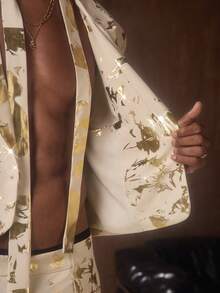 AKNOTIC Business Casual 男士时尚派对宴会全印花金色尖领西装外套和褶裥锥形西装裤套装 - 金色 - 查看 9