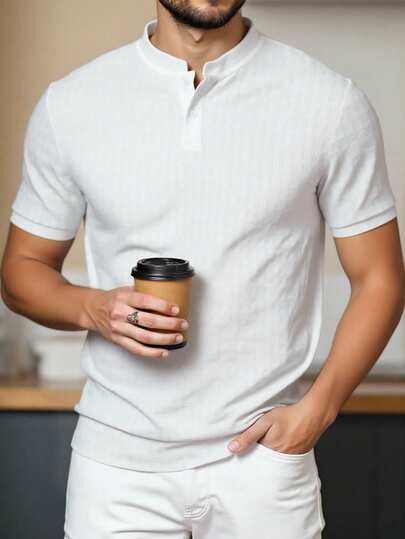 Manfinity Homme Men's Textured Fabric Stand Collar Short Sleeve POLO Shirt, Standard Size, White Polo Shirts For Men Collar Business Casual Tops Men Coffee Shirt Men White And Grey Shirt Men,Weekend Trips, Outdoor Activities, Travel Expeditions, Relaxed Work Environments Or Semi-Formal Occasions, Boyfriend/Husband Gift, Anniversary /Birthday Gift Party Summer Vacation Holiday New Years Wedding Valentine's Day,Small Collar Knitted Jacquard Fabric Polo Shirt