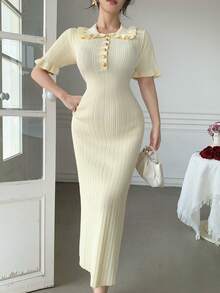 DAZY Women's Elegant Solid Color Ruffle Collar Knit Dress, Summer - Beige - View 7