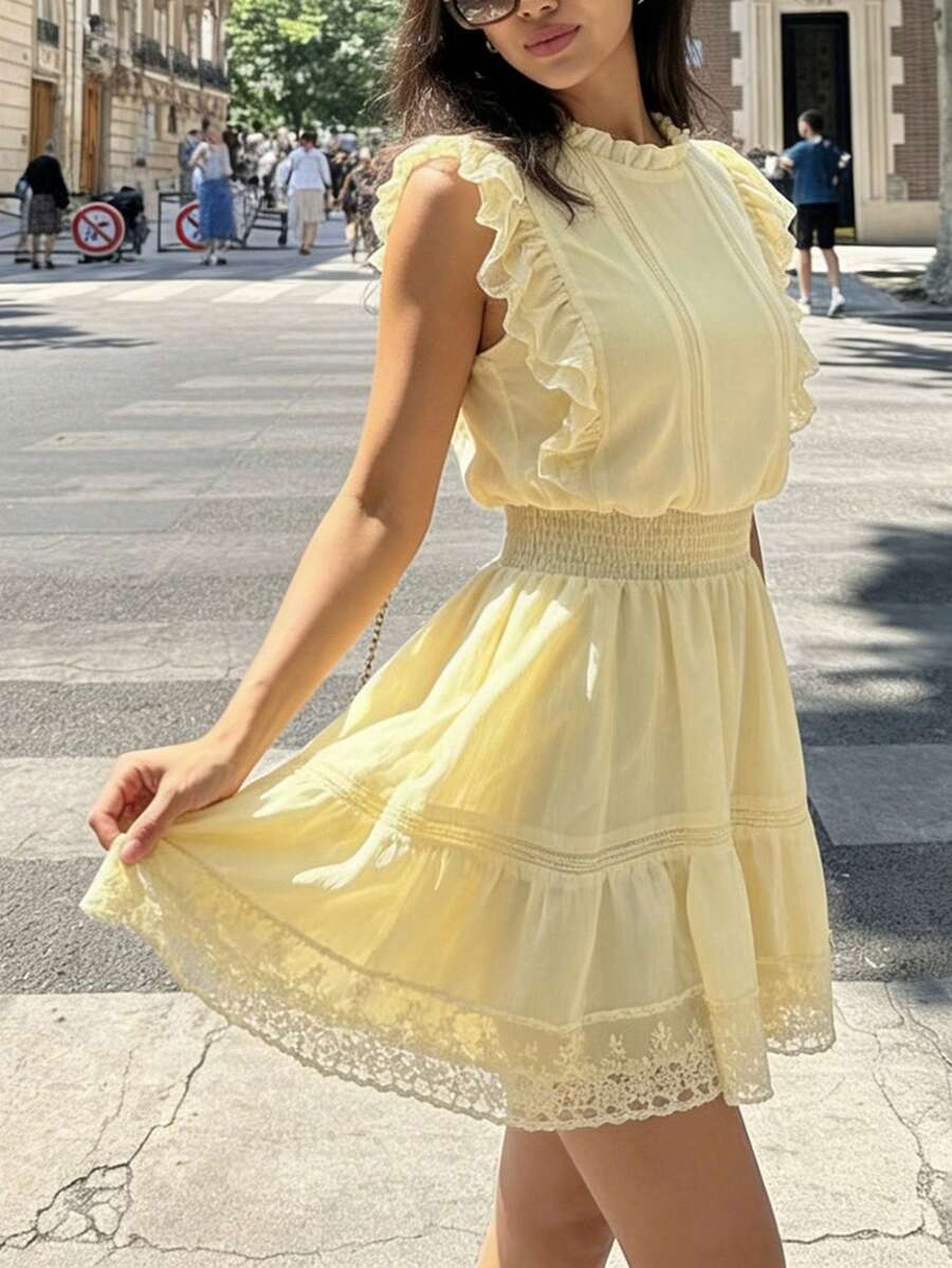 Cévolie French Style Ruffled Lace Cap Sleeve Waist Cinched Short Dress, Light Yellow - Yellow - View 1