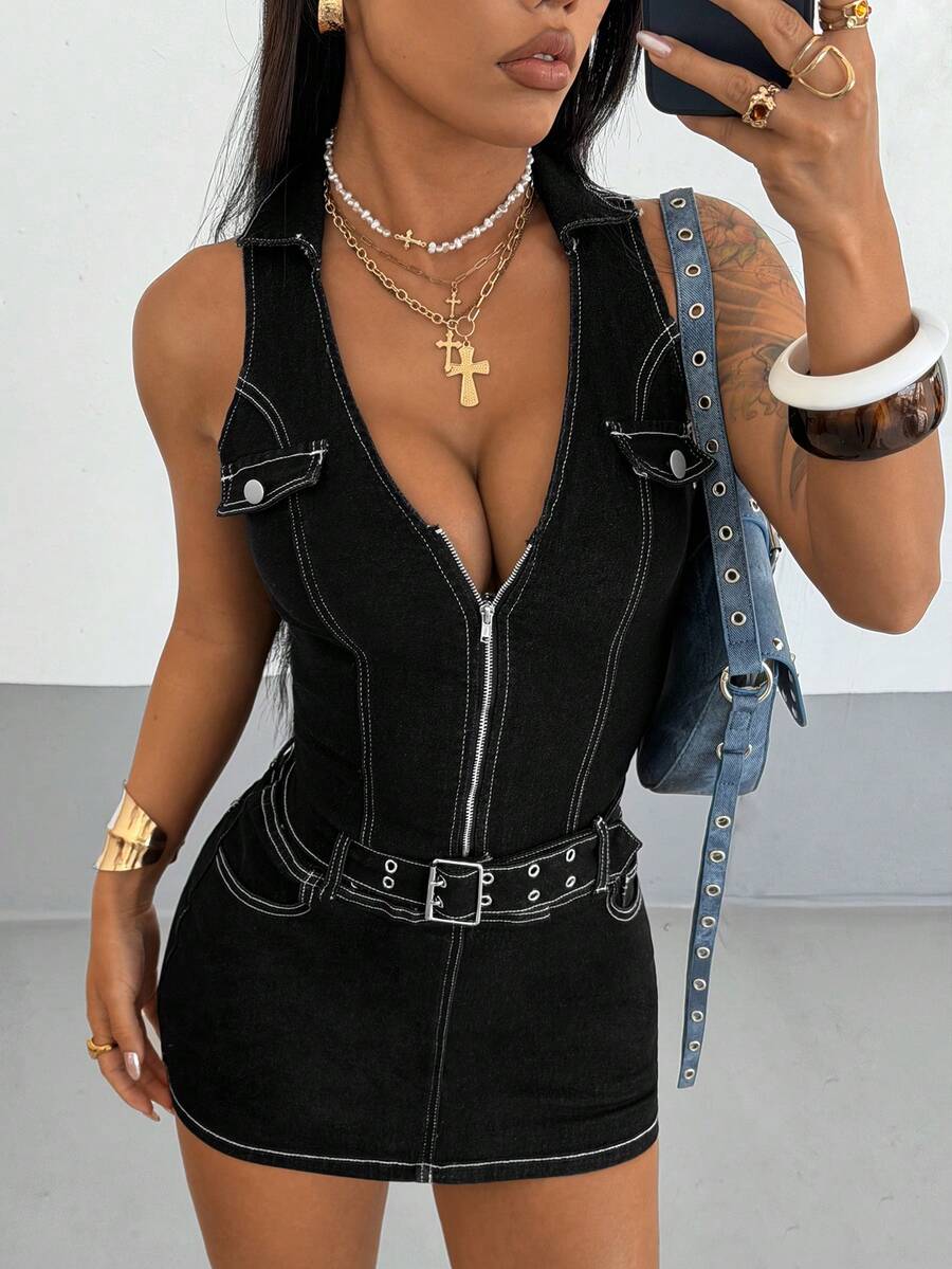 StreetHx Vestido de mezclilla con cuello en V profundo, cremallera frontal, ajustado y sexy sin mangas para mujer - Negro - Ver 1