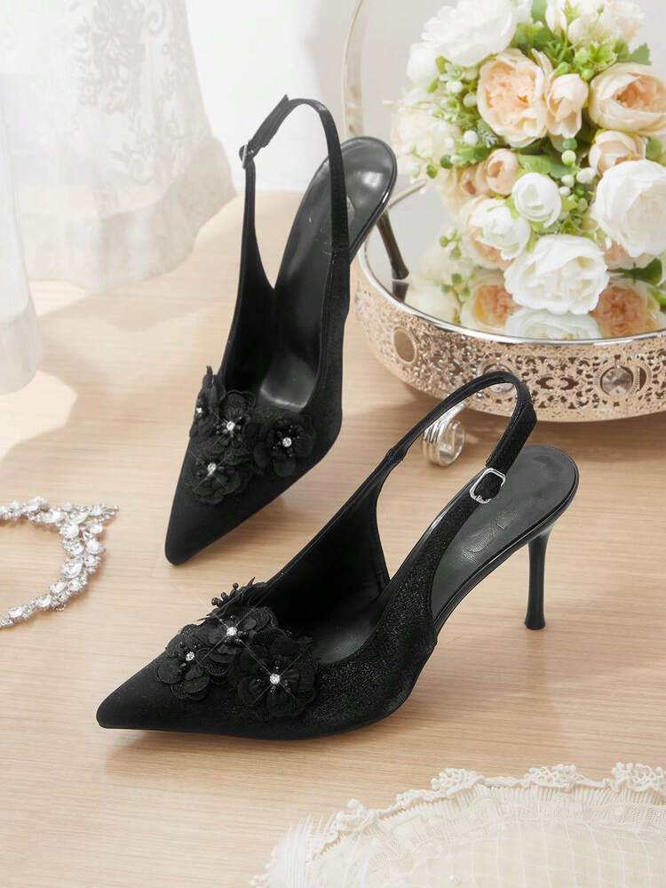 CUCCOO HITCHD Women Shoes Women's Pointed-Toed Stiletto Shoes Black Rhinestone Faux Pearl Lace Flower Dew-Heeled Shoes Wedding Party Banquet Fashion High-Heeled Women's Shoes Slingback Shoes After Lifting Elegant Shoes Wedding Shoes