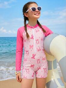 SHEIN 幼儿/小女孩可爱火烈鸟印花长袖防晒泳衣 - 淺粉色 - 查看 5