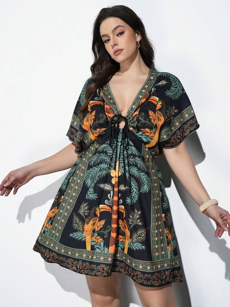 SHEIN Maija Plus Size Tropical Print Casual Vacation Dress Tie Front Dress Boho Dress For Women Resort Dress Kimono Dress Resort Wear Women  St Patrick's Day Women Easter Summer Outfits Easter Dress Women Party Top Beach Dress Summer Holiday Outfits Each Vacation Outfits For Women  Summer Outfit For Women Going Out Outfits Graduation Graduation Outfit  Casual Dresses  Casual Blouses For Women, Summer Dresses