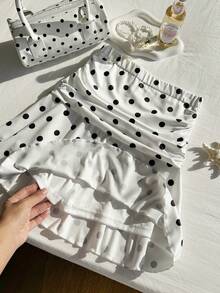 女童弹力腰波点印花针织半身裙，荷叶边裙摆，内置短裤衬里，优雅百搭，适合春夏穿着，居家、外出、派对等场合皆宜。 - 白色 - 查看 3