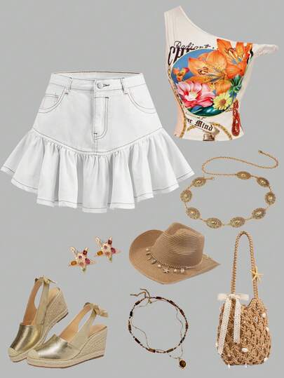 SHEIN MOD Chân váy ngắn denim wash dáng suông bèo nhún cho nữ, thích hợp mùa hè, mùa xuân, ngày Valentine, đi biển, sinh nhật, thanh lịch, thường ngày, đi nghỉ mát, phong cách Y2K, chân váy trắng denim trắng dáng suông bèo nhún, cạp cao, dáng chữ A, thời trang mùa hè.