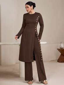 Graceveil Conjunto de bata y pantalones anchos de estilo árabe con botones metálicos decorativos de unicolor y minimalista retro para mujer - Marrón - Ver 5