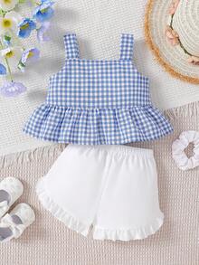 SHEIN Vintaside Kids Baby Girl Casual Plaid Bow Decor Camisole And Shorts Set, Summer - Blue - View 2