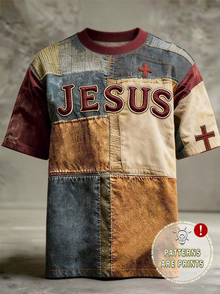 Glimmora Camiseta Gráfica Retrô Retalhos Masculina, Cores Vibrantes, Ajuste Confortável, Camiseta Gola Careca com Padrão da Cruz de Jesus e Fé, Adequada para Uso Diário - Multicolorido - Visão 1
