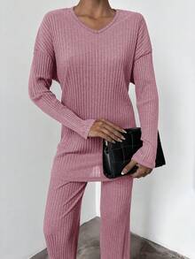 EURMUSE 女式纯色长袖上衣和裤子两件套，时尚夏季服装 - 藕粉色 - 查看 3