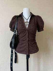 Attitoon Deep Brown V-Neck Vintage Blouse, Waist Cinching Slimming Design Women's Shirt - Brown - View 4