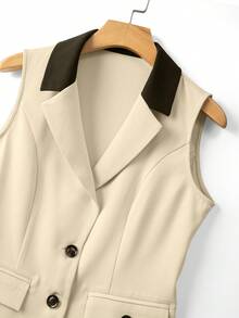 GlowEve 女士杏色和黑色翻领无袖收腰单排扣口袋职业西装外套，高端通勤风格，春夏轻薄款 - 杏色 - 查看 4