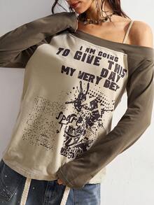 Bohemela 休闲针织拼接斜肩领长袖修身女式T恤 - 軍綠色 - 查看 6