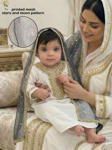 SHEIN Infant Girls' Middle Eastern Traditional Long Sleeve Dress + Matching Floral Lace Star Moon Shawl, Comfortable & Stylish For Everyday Wear, Spring/Autumn - White - View 1