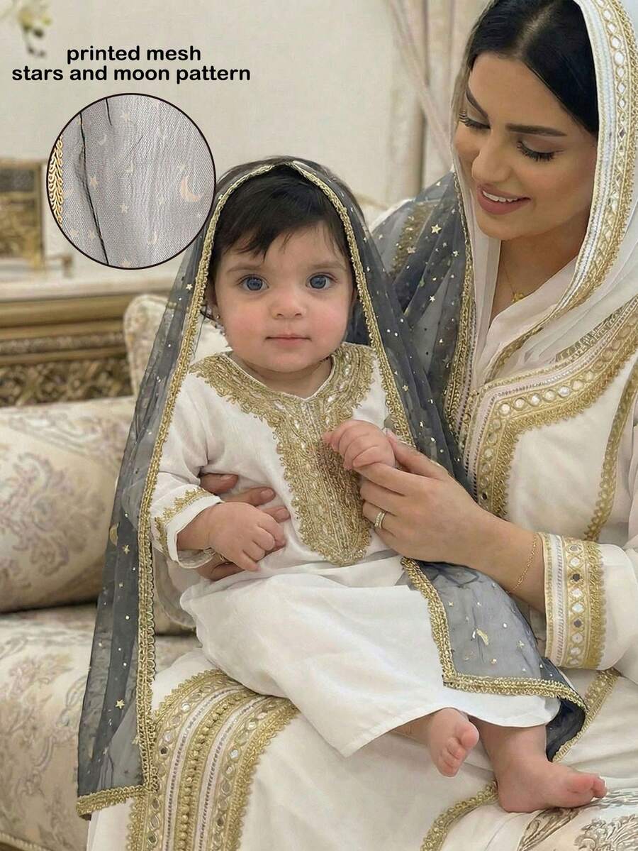 SHEIN Infant Girls' Middle Eastern Traditional Long Sleeve Dress + Matching Floral Lace Star Moon Shawl, Comfortable & Stylish For Everyday Wear, Spring/Autumn - White - View 1