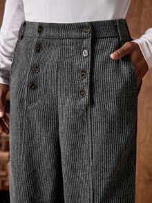 AKNOTIC Men's Wool Herringbone Pattern Wide Leg Pants,Light Grey Autumn Vintage Date High Waisted Button Placket Pocket Casual Baggy Dress Up Formal Pants - Black - View 4