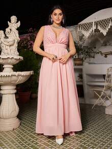 VOLUPTÉ CURVE Plus Size Summer Pink Rhinestone V-Neck Sleeveless High-Waist Floor-Length Gown For Wedding Guests, Parties, Going Out, Birthdays, Graduation - Pink - View 2