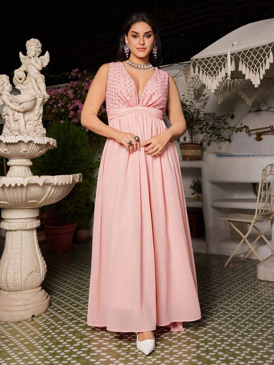 VOLUPTÉ CURVE Plus Size Summer Pink Rhinestone V-Neck Sleeveless High-Waist Floor-Length Gown For Wedding Guests, Parties, Going Out, Birthdays, Graduation