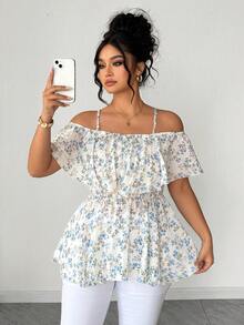 Elenzga 大码女士优雅度假吊带荷叶边单肩收腰碎花休闲衬衫 - 藍色 - 查看 1