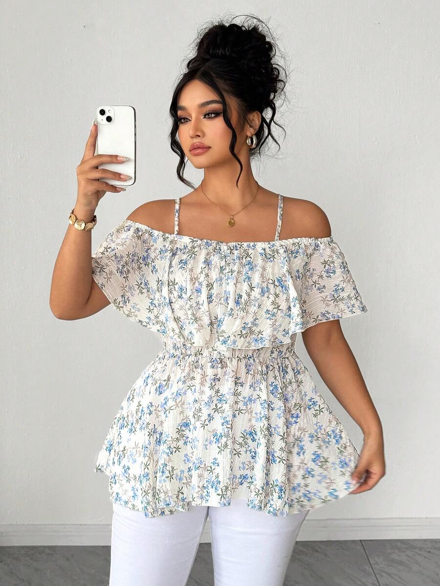 Elenzga 大码女士优雅度假吊带荷叶边单肩收腰碎花休闲衬衫 - 藍色 - 查看 1