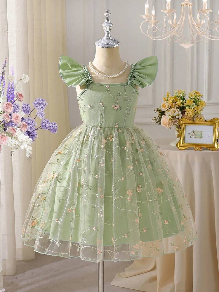 SHEIN Glamorique Kids Robe de princesse élégante à fines bretelles, volants, manches courtes, avec broderie et superposition de maille pour jeunes filles. Convient pour les fêtes, les anniversaires, les vacances, l'été - Vert - Voir 4