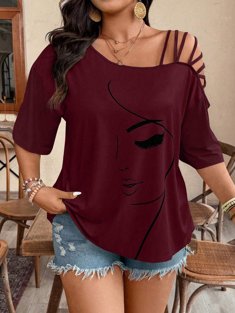 Breezaya Große Größen T-Shirt mit asymmetrischen Trägern und Porträtdruck, Kurzarm - Bordeaux - Übersicht 1