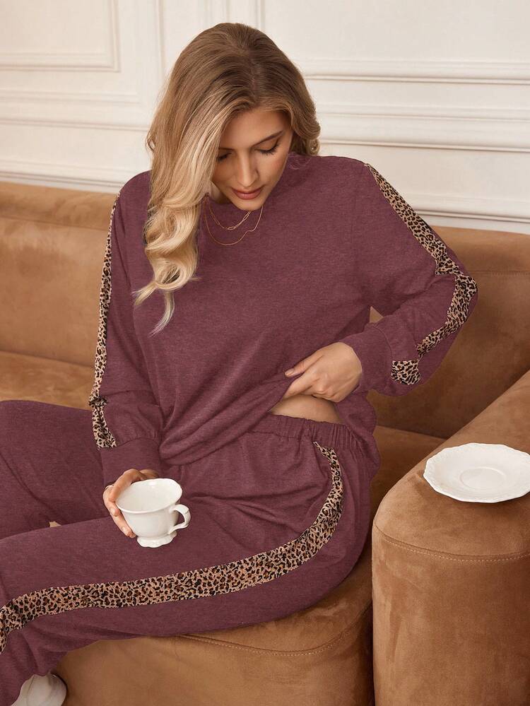 Plus Size Casual Leopard Print Patchwork Top And Pants 2 Pieces Set, Autumn Women's Lounge Sets Loungewear Women Comfy Sets Women  Spring Break Outfits Spring To Summer