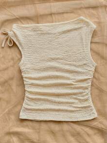 Tween Girls' Casual Elegant Vacation Textured Asymmetrical Shoulder Ruched Cropped T-Shirt - Apricot - View 2