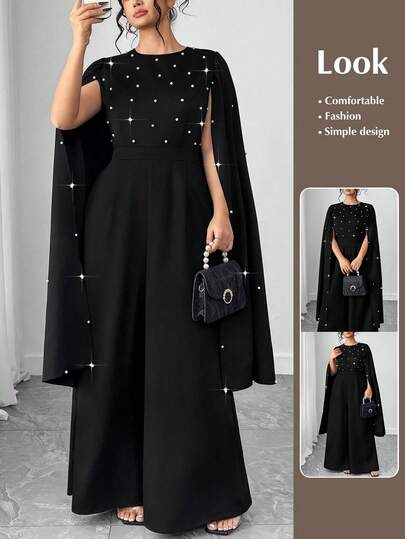 Elenzga 大码串珠长袖连体裤，带肩披，优雅时尚