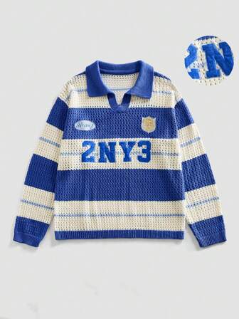 Retro amerikanischer Street-Style blau-weiß gestreiftes Polo-Shirt mit Cut-Out-Muster, 2NY3 Buchstaben lässiger weiter Pullover